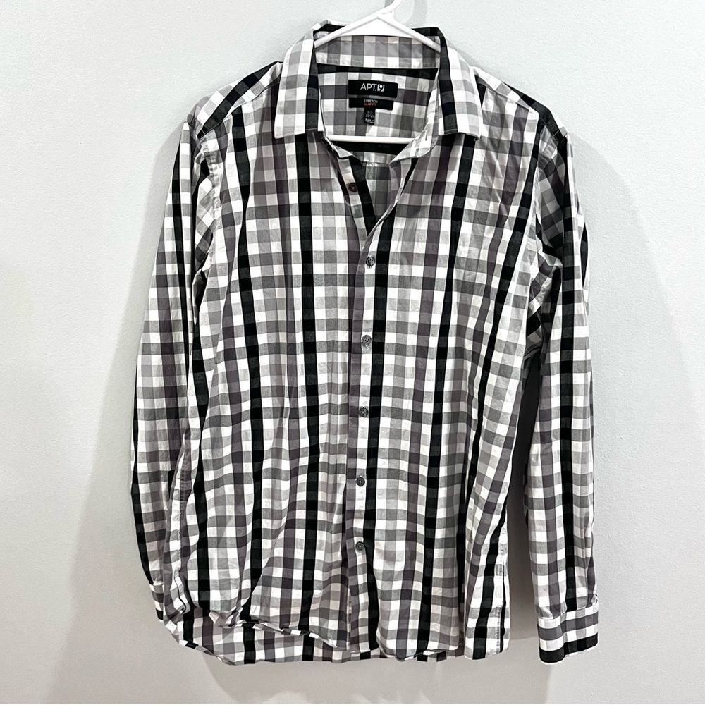 Black white and gray plaid stretch slim fit men’s button down shirt size 16.5
